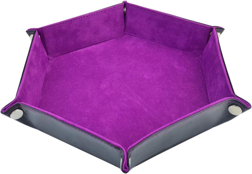 Yolyoo Double Sided Dice Tray PU Leather Folding Hexagon Tray with Purple Velvet for RPG DND or Other Dice Games and Storage