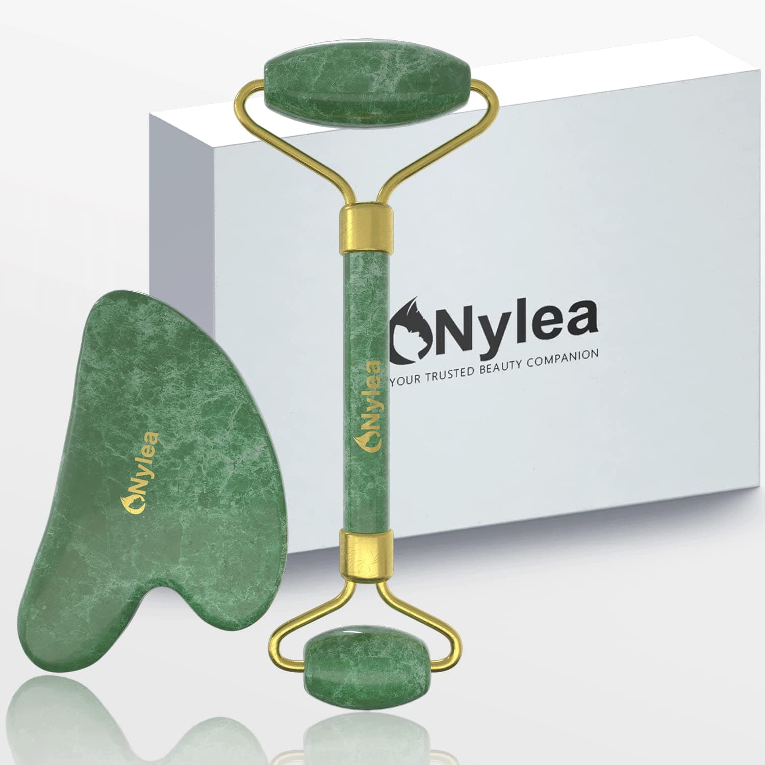 Nylea Jade Roller and Gua Sha Set, Face Roller - Facial Beauty Roller Tools, Massager Stone Skin Care Set Body Muscle Relaxing and Relieve Fine Lines and Wrinkles for Eyes and Neck