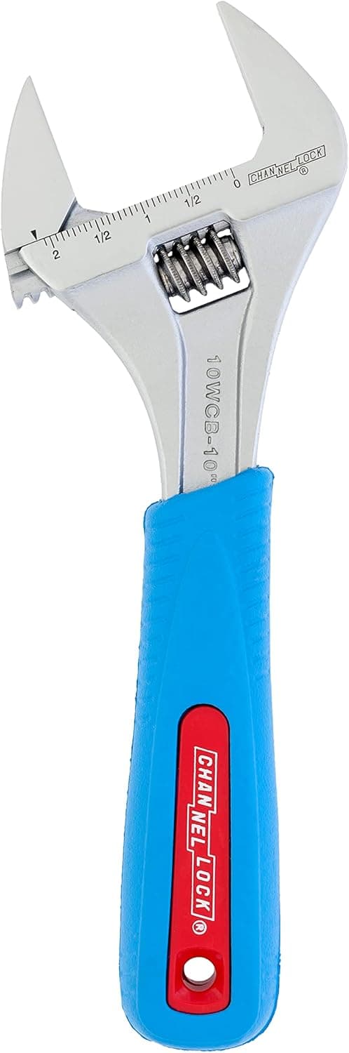 Channellock 10WCB 10-inch CODE BLUE WideAzz Adjustable Wrench | 2-inch Wide Mouth Jaw Capacity | Precise Jaw Design Grips in Tight Spaces | Measurement Scales for Easy Sizing Diameters