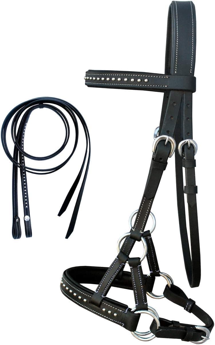 CHALLENGER Horse Western English Leather Bitless Sidepull Bridle Reins Black Cob 7708BK-C