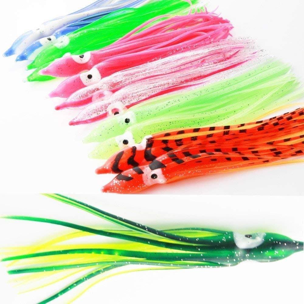 Pack of 50pcs Glow Soft Plastic Octopus Squid Skirt Fishing Lures Hoochies Trolling Saltwater Soft Fishing Lures Set for Bass Salmon Trout 5cm 10cm 12cm 15cm 10 Colors Included