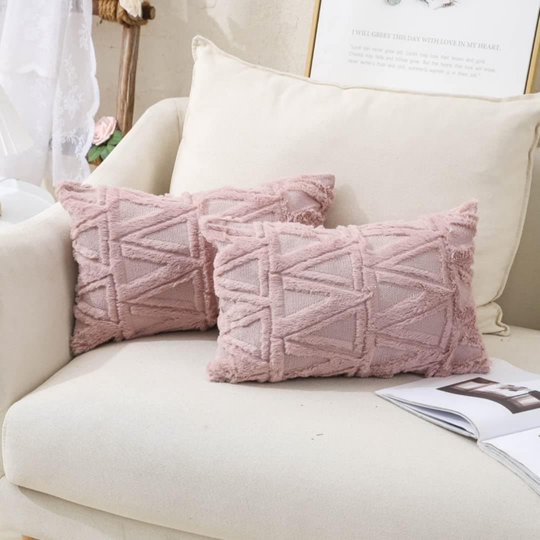 Uhsupris Set of 2 Faux Fur Fluffy Pillowcases Decorative Throw Pillow Covers Soft Faux Short Wool Velvet Cushion Case Luxury Style for for Sofa Couch Bedroom Car (12"x20", Pink)
