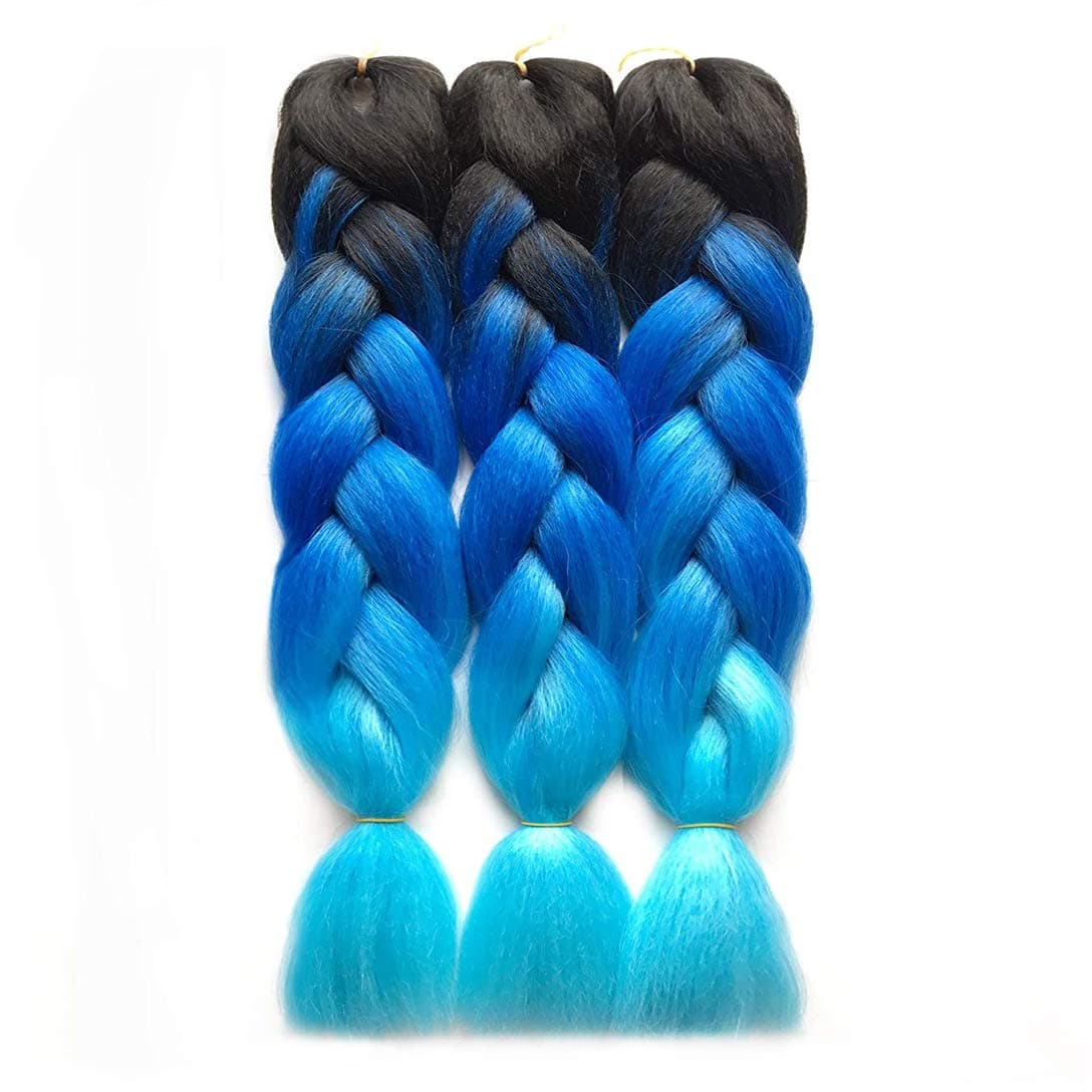 RN BEAUTY Synthetic Jumbo Braiding Hair Ombre Jumbo Braids Hair Extensions 3 Bundles Deal for Twist Crochet Weave Braid Hair Heat Resistant High Temperature Fiber 24 Inch 3 Tone Color Black/Blue/Azure