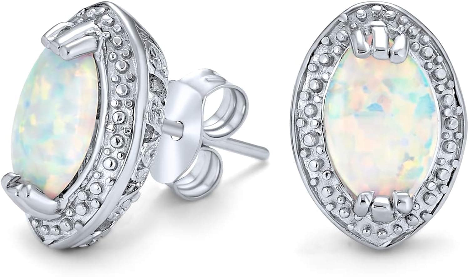 Traditional Victorian Style White Teardrop Oval Created Opal Stud Earrings For Women .925 Sterling Silver Halo October Birthstone