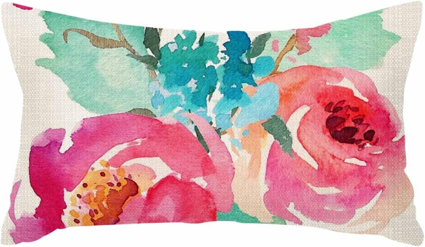 IBILIU Throw Pillow Covers Flowers Watercolor Peonies Pink Turquoise Summer Girly Cushion Pillow Case Home Decor Pillowcase 12x20 Inches
