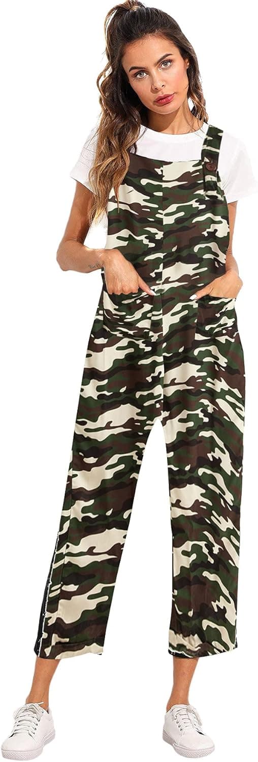 Verdusa Women's Adjustable Straps Jumpsuit Overalls with Pockets Camo Green XS
