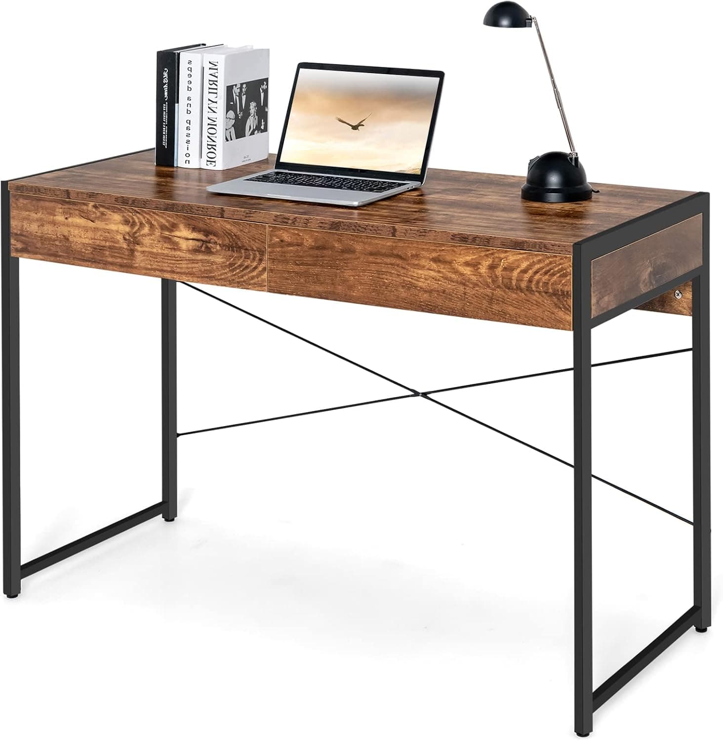 Tangkula Industrial Computer Desk with 2 Drawers, Simple Study Writing Desk with Drawers, 44 Inches Laptop PC Workstation, Student Desk Home Office Desk Ideal for Bedroom & Office (Rustic Brown)