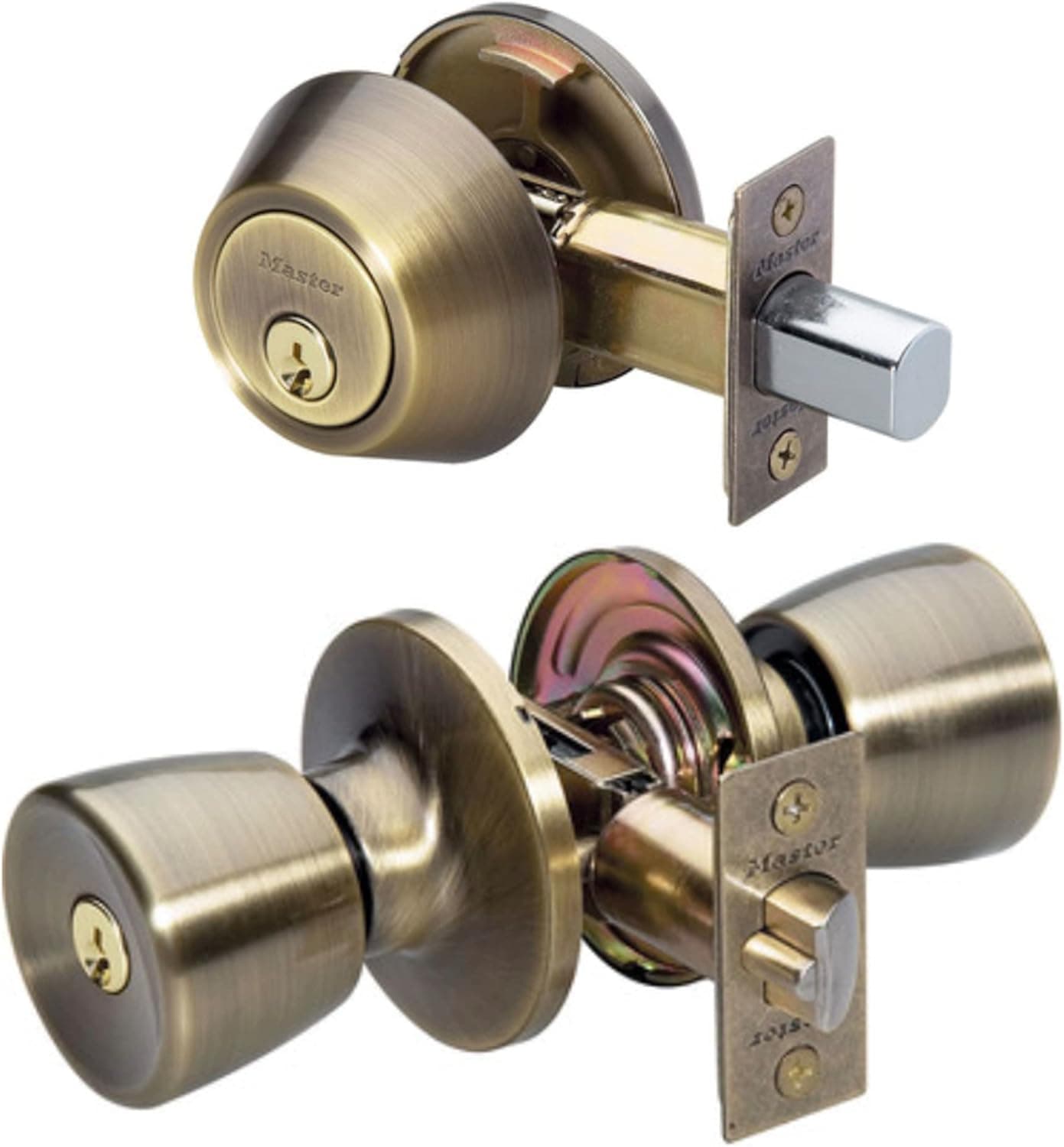 Master Lock Keyed Entry Door Lock, Single Cylinder Deadbolt with matching Tulip Style Knob, Antique Brass, TUCO0605,Combo