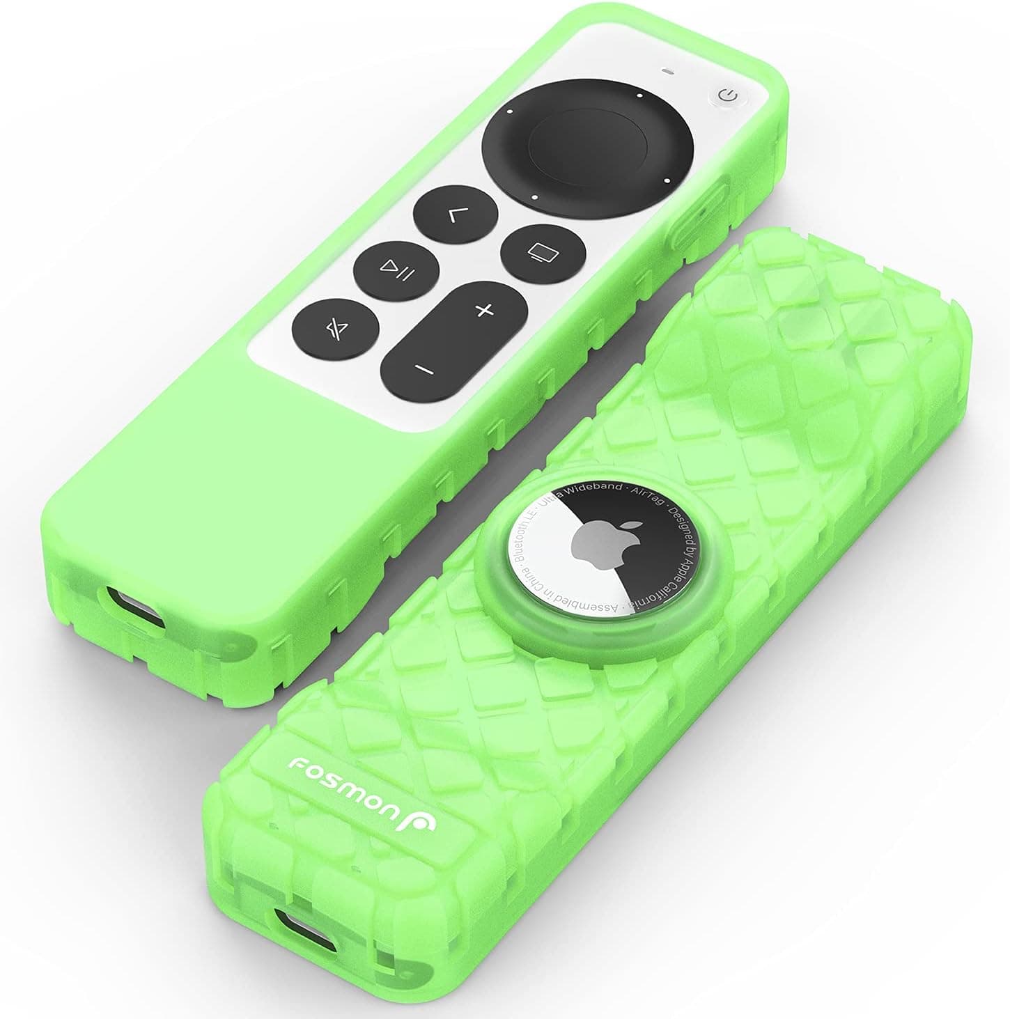 Fosmon Green Glow in the Dark Silicone Apple TV (2nd Gen) Siri Remote Case [AirTag Holder], Full Body Shockproof Cushion Cover with Built-in AirTag Slot, Compatible with 2021 Apple TV 4k & 2021 AirTag