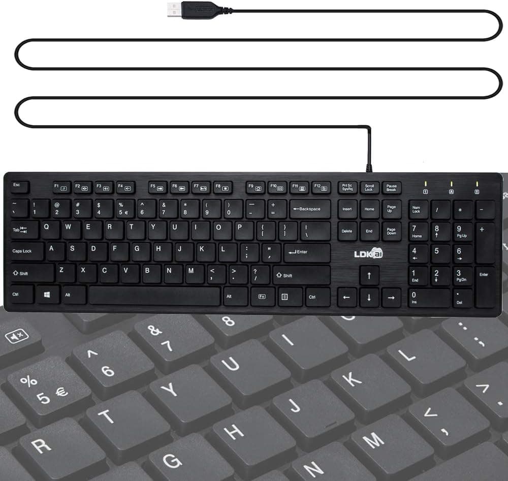 Computer Keyboards Wired, Low Profile USB Keyboard Ultra Thin, for Windows 10, 8, 7, Xp, Vista, Mac, Laptop, Desktop, PC, Full Size 104 Keys, Black