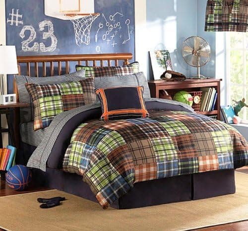 Brown, Blue, Orange, Green Plaids and Stripes Teen Boys Twin Comforter Set (10 Piece Room In A Bag)