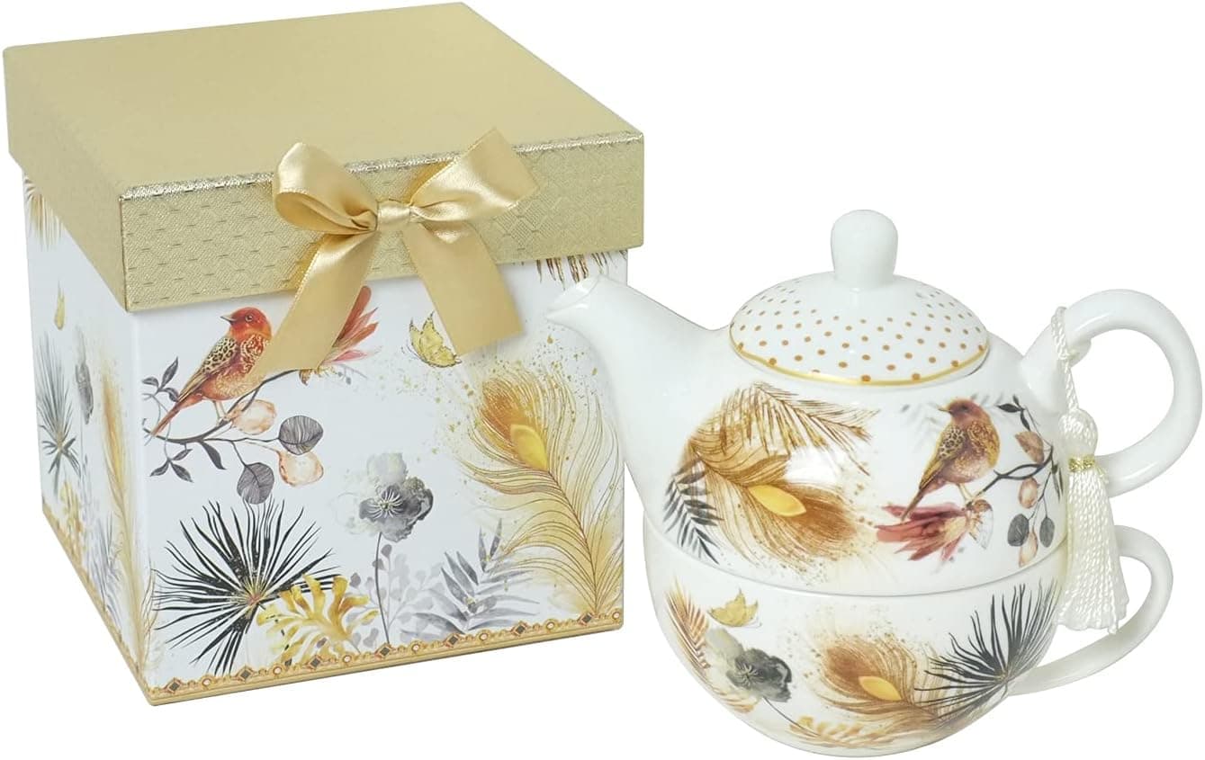 Lightahead Bone China Tea for One Set in Sparrow Bird Design, in attractive Reusable Handmade Gift Box (With Ribbon), Gold