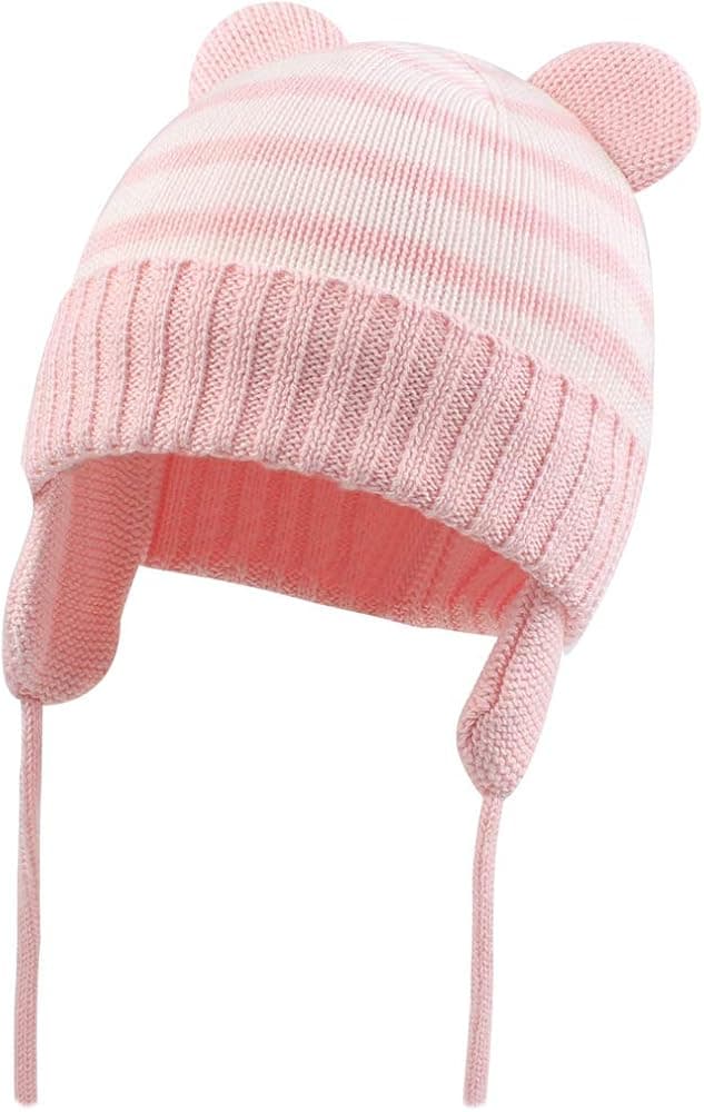 Winter Baby Beanie Hat for Boys Girls with Earflap Cute Bear Knit Infant Toddler Knit Cap Fleece Lining for 0-36M (Pink, L)