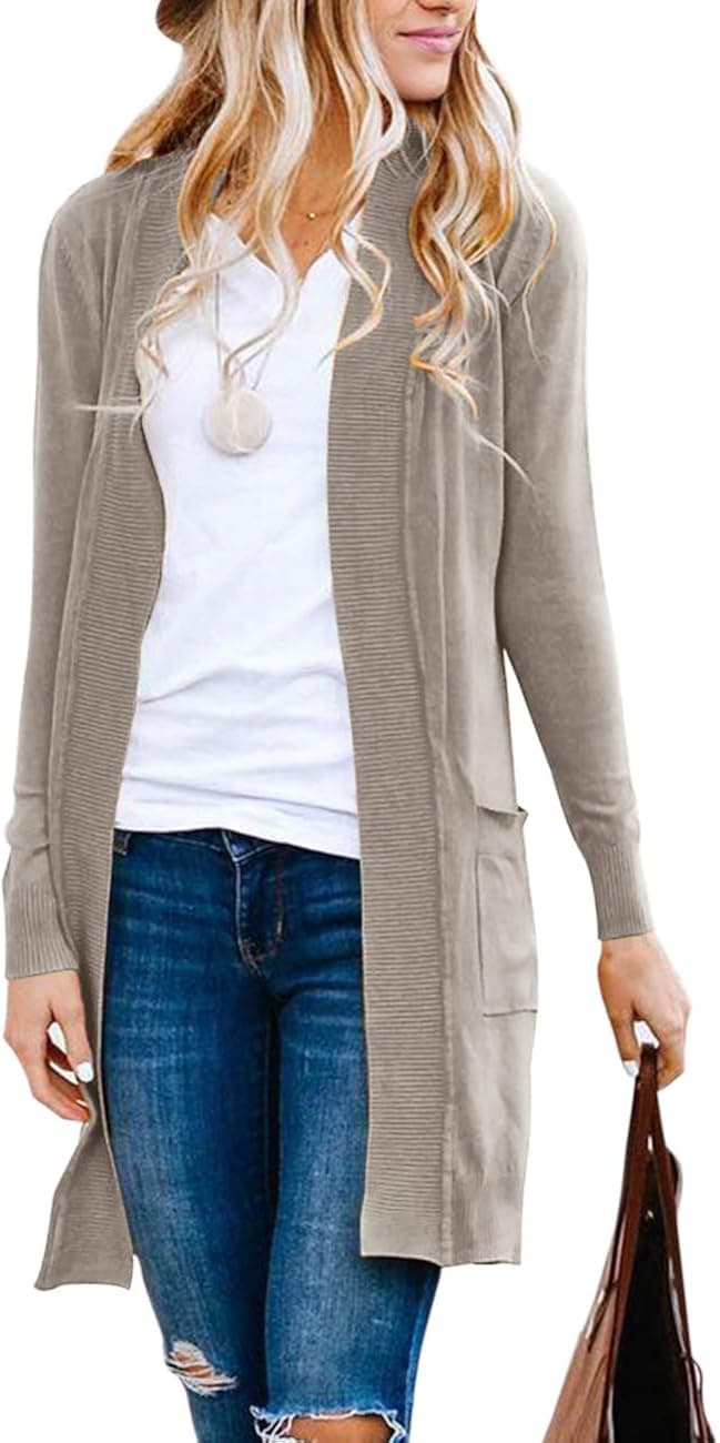 MEROKEETY Women's Long Sleeve Basic Knit Cardigan Ribbed Open Front Sweater