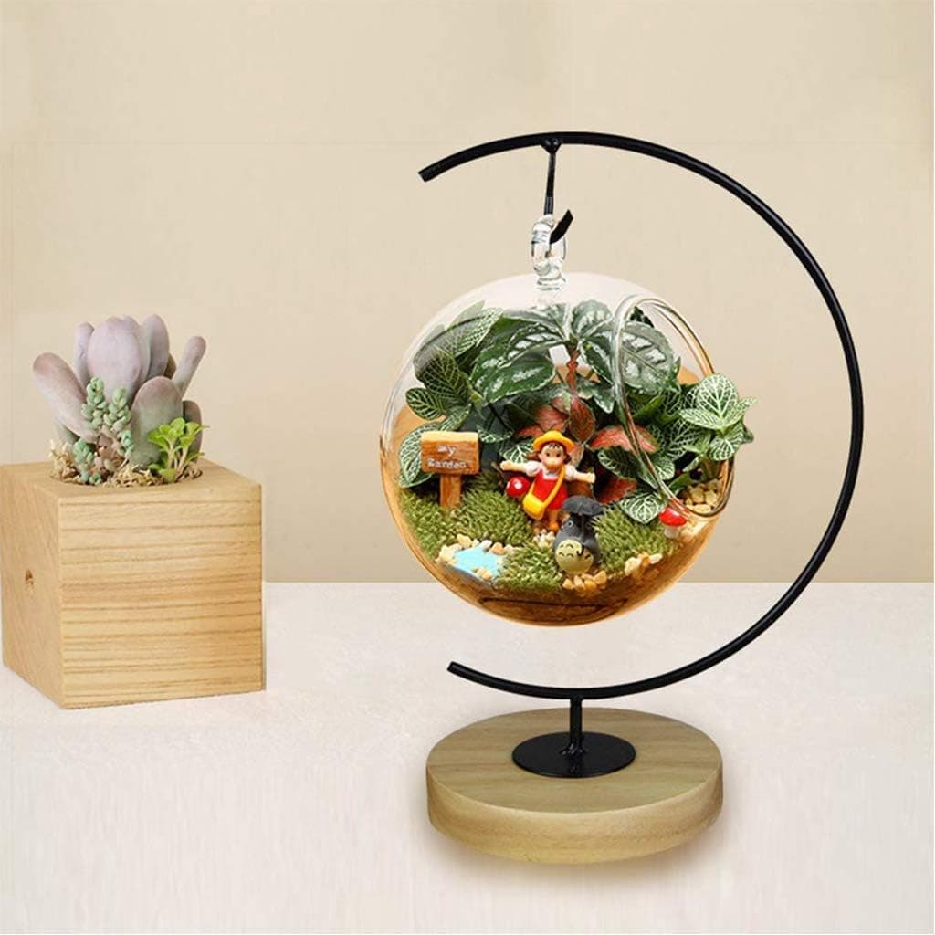 Archi Ornament Display Stand Iron Pothook Stand for Hanging Glass Globe Air Plant Ornament Stand Iron Pothook Stand Terrarium and Christmas Decoration with Wood Base (Round Wood)