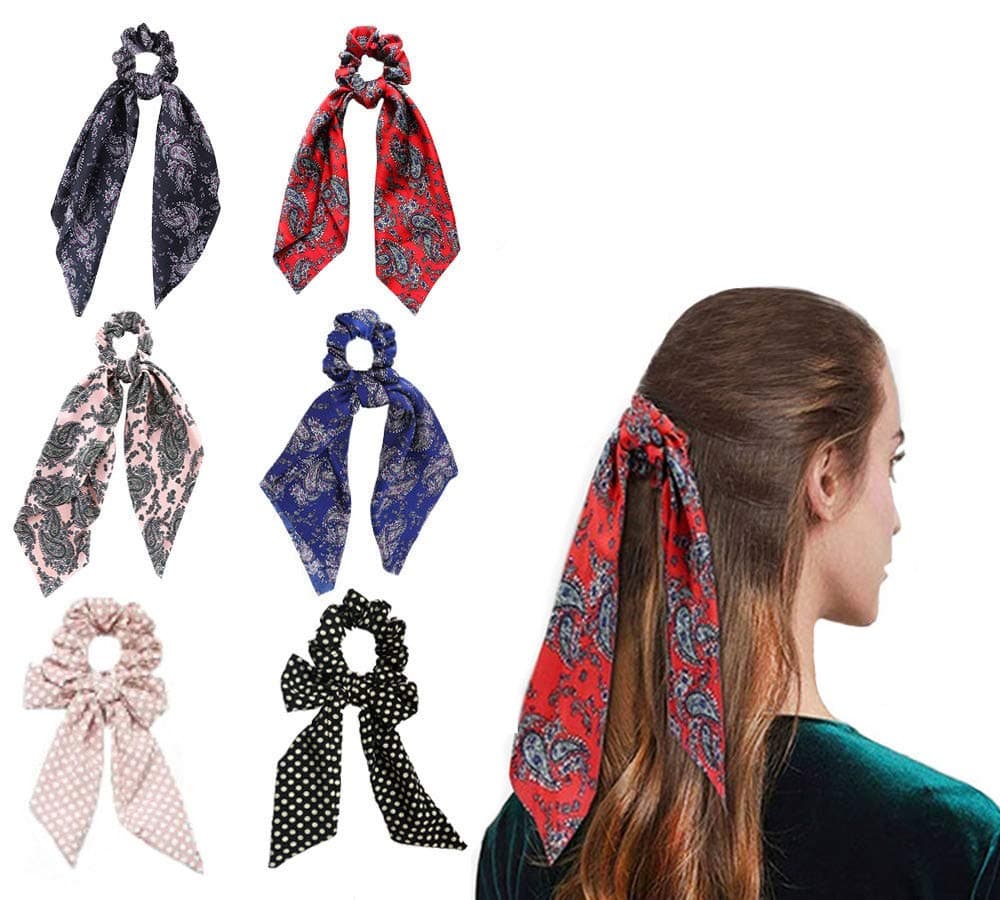 Greffor 6Pcs Hair Scrunchies Scarf Silk Hair Bow Scrunchies Long with 5 cm Bobby Pins Black(36Pcs) Ponytail Holder Vintage Hair Accessories for Girls Women (The Floral Print)