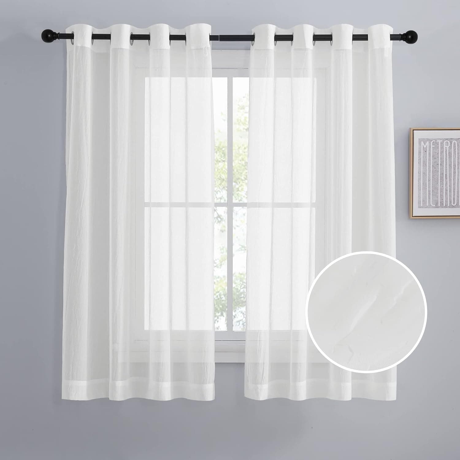 NICETOWN Ivory Sheer Curtains for Bedroom Window, Ring Top Crushed Sheer Window Coverings Crinkled Voile Draperies Privacy with Light Filtering for Nursery/Kids Room (2 Pieces, W52 x L63)