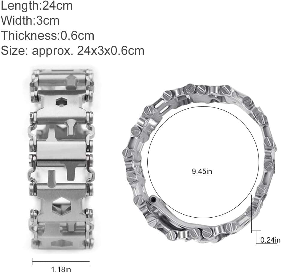 29-in-1 Multi-Tool Bracelet, Stainless Steel Wearable Multitools Tread Bracelet, Multi-function Tools Hand Chains for Outdoor Wild Survival Hiking Camping Travel (Silver)