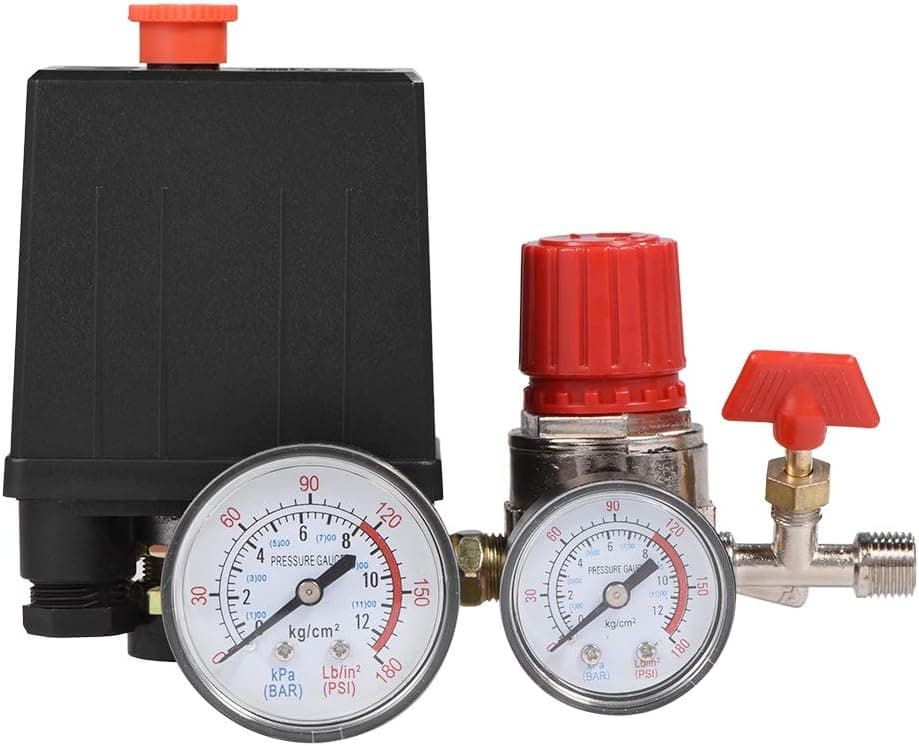 Valve Regulator, Delaman Small Air Compressor Pressure Switch Control Valve Regulator with Pressure Regulator Gauges Safety Valve Fittings Set