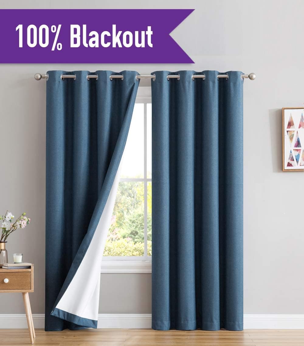 HLC.ME Textured 100% Blackout Room Darkening Thermal Insulated Curtain Grommet Panels for Kids Room - Energy Efficient, Complete Darkness, Noise Reducing - Set of 2 (52" W x 96" L, Teal Blue)