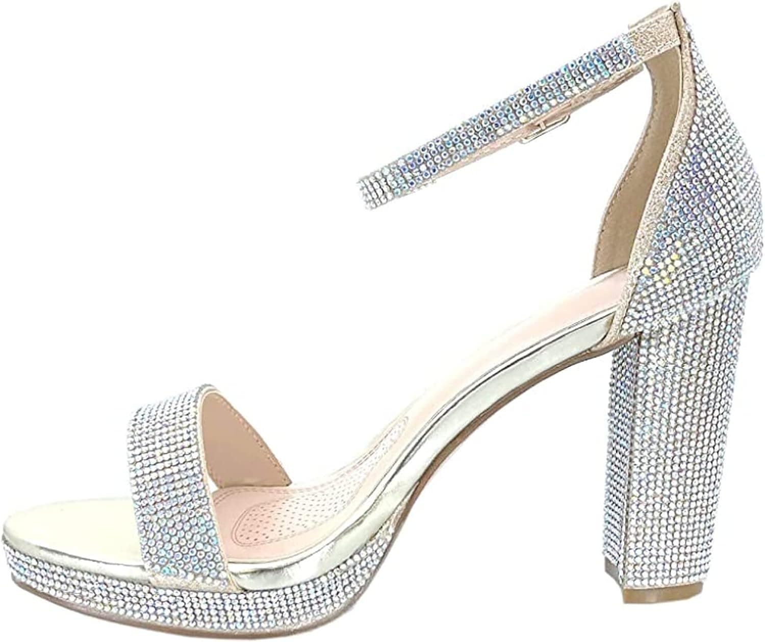 Women's Rhinestone Accent Open Toe Chunky High Heel Low Platform Formal Sandal