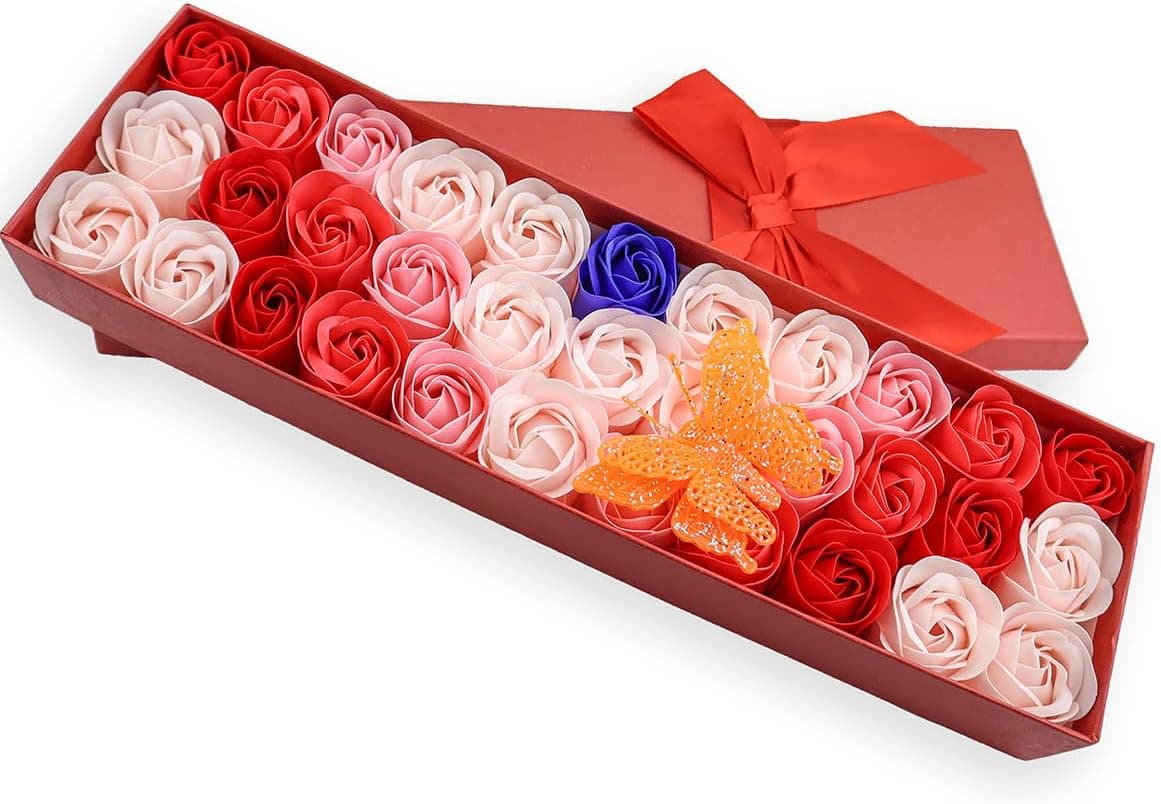 JIALEEY 33 PCS Floral Scented Bath Soap Rose Flower Petals, Plant Essential Oil Rose Soap Set Gifts Ideas for Her Women Girls Mom Valentine's Day, Red Gift Box