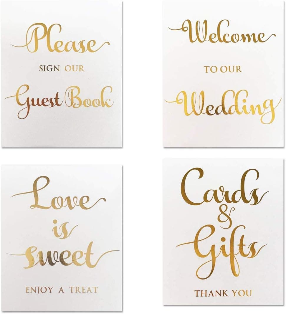 MAGJUCHE Gold Wedding Signs, 4 Wedding Day Cards Set Cards and Gifts, Welcome to Our Wedding, Please Sign Our Guest Book, Love is Sweet Enjoy a Treat Reception Table Sign