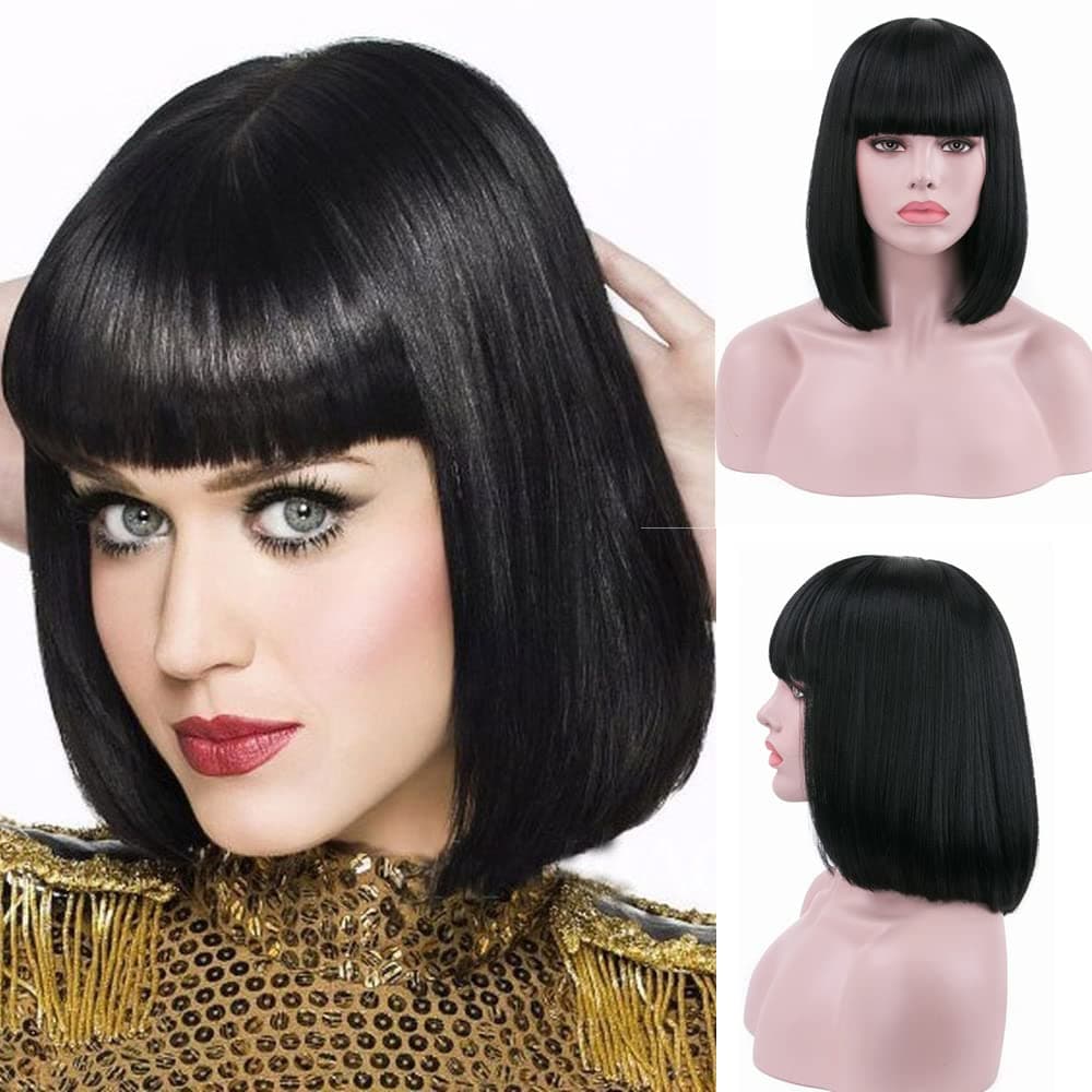 Rosa Star Short Bob Wig with Bangs Straight Synthetic Hair Wigs for Women (Black)
