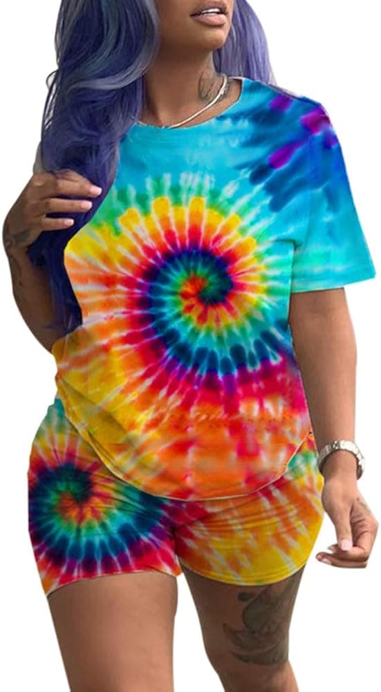 KIRJAUDU Women Casual 2 Piece Outfit Tie Dye Short Sleeve T-Shirts Bodycon Shorts Set Jumpsuit Rompers