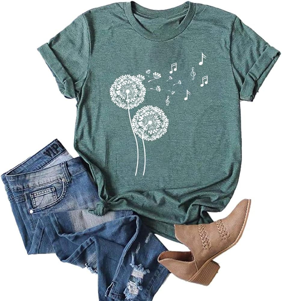 Anbech Womens Dandelion Shirts Country Music Graphic Tee Casual Summer Letter Print Short Sleeve Blouse Green