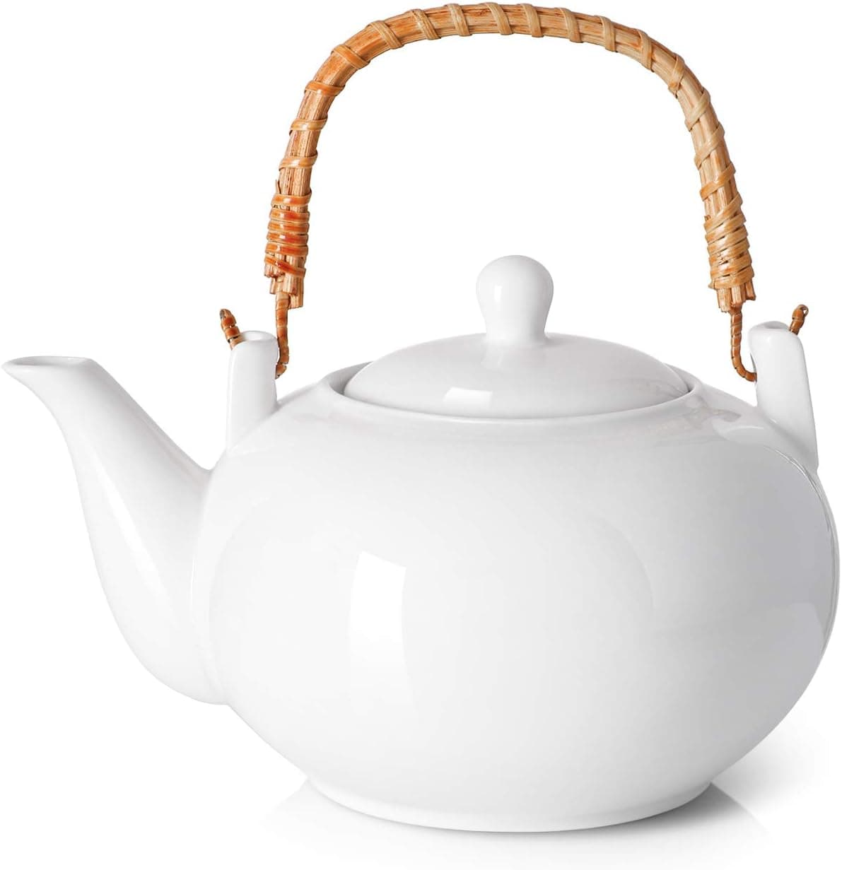 DOWAN Porcelain Teapot, 40 Ounces Tea Pot, Large Enough for 5 Cups, Rattan Design