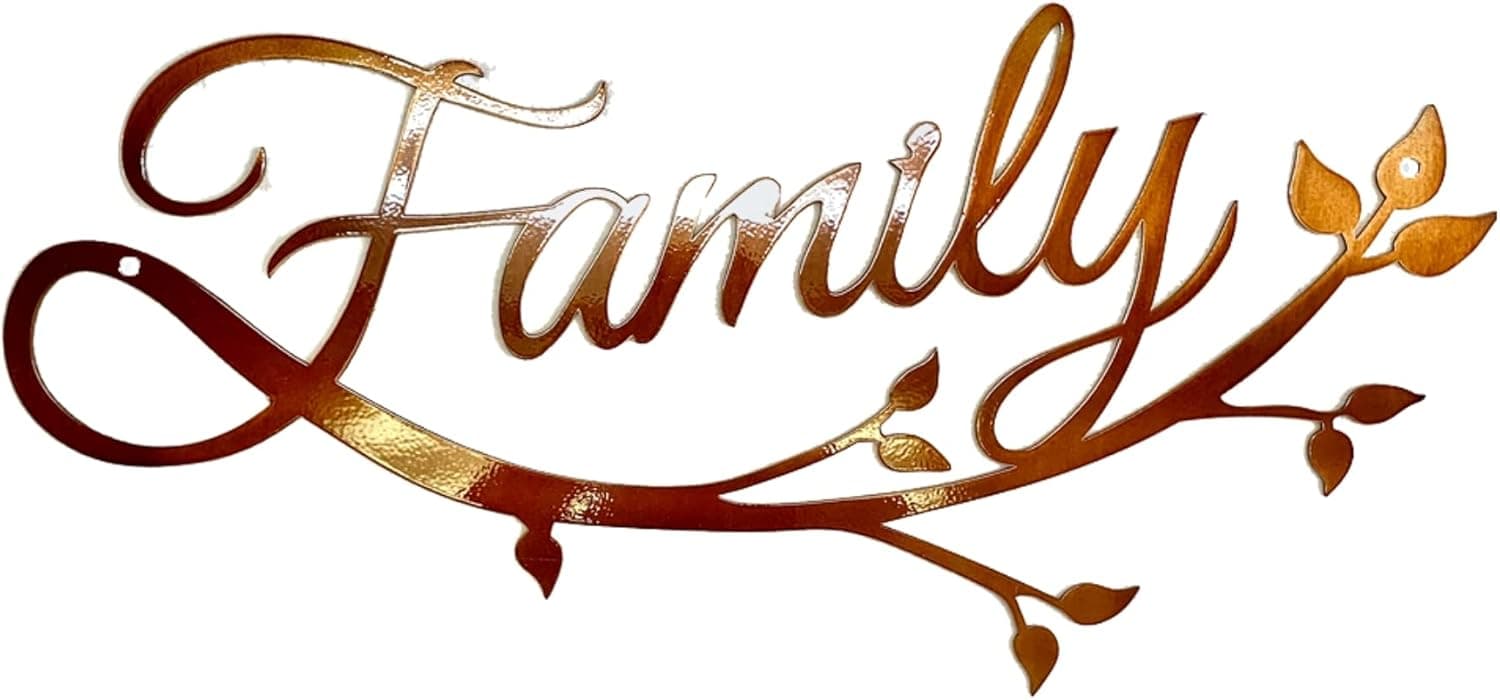 Riverside Designs Family Cursive Word Metal Sign Wall Decor | Heavy-duty Wall Decor for Living Room | Made in USA (Copper, 18")