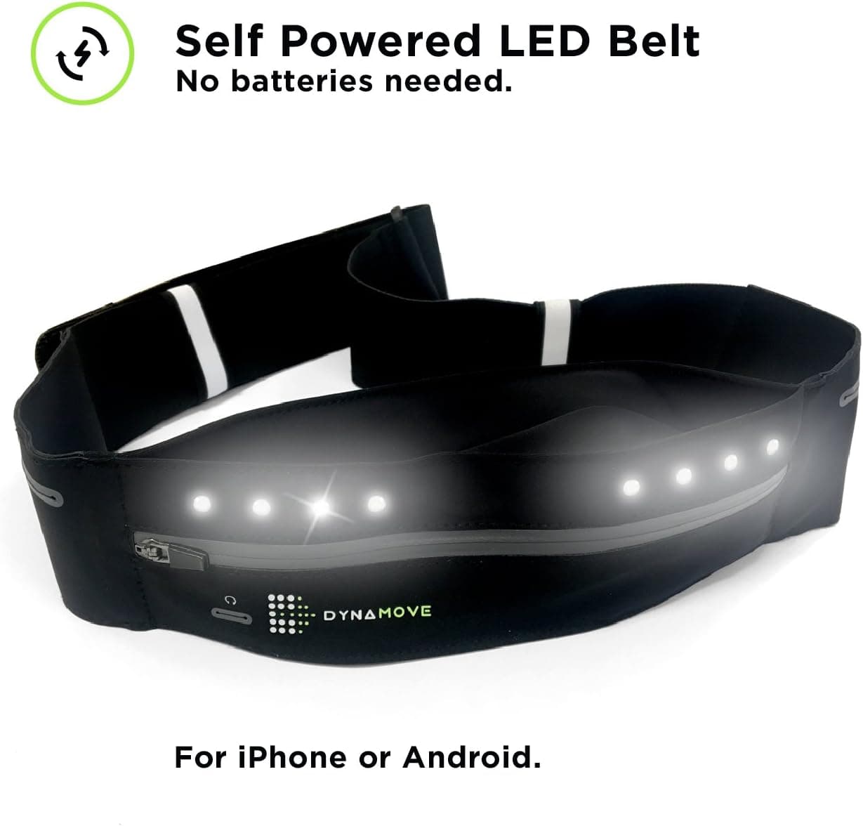 Dynamove Running Belt for iPhone or Android with Motion Powered LEDs - no Battery or Charging Needed. Adjustable for Men & Women