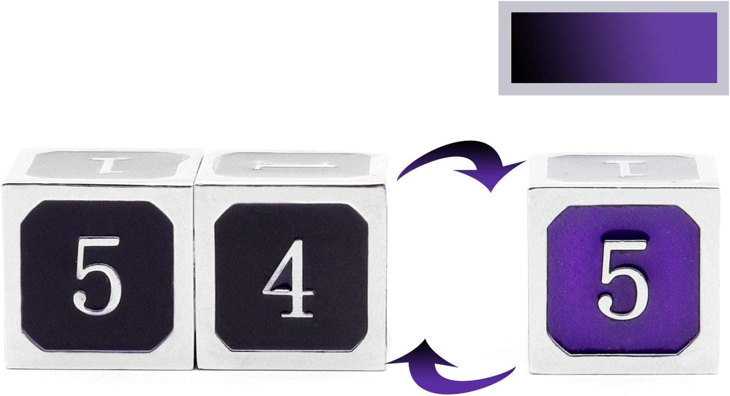 Haxtec Metal D6 Dice 3 Pack Silver Black Purple Color Changing Metal Die DND Dice Dungeons and Dragons RPG