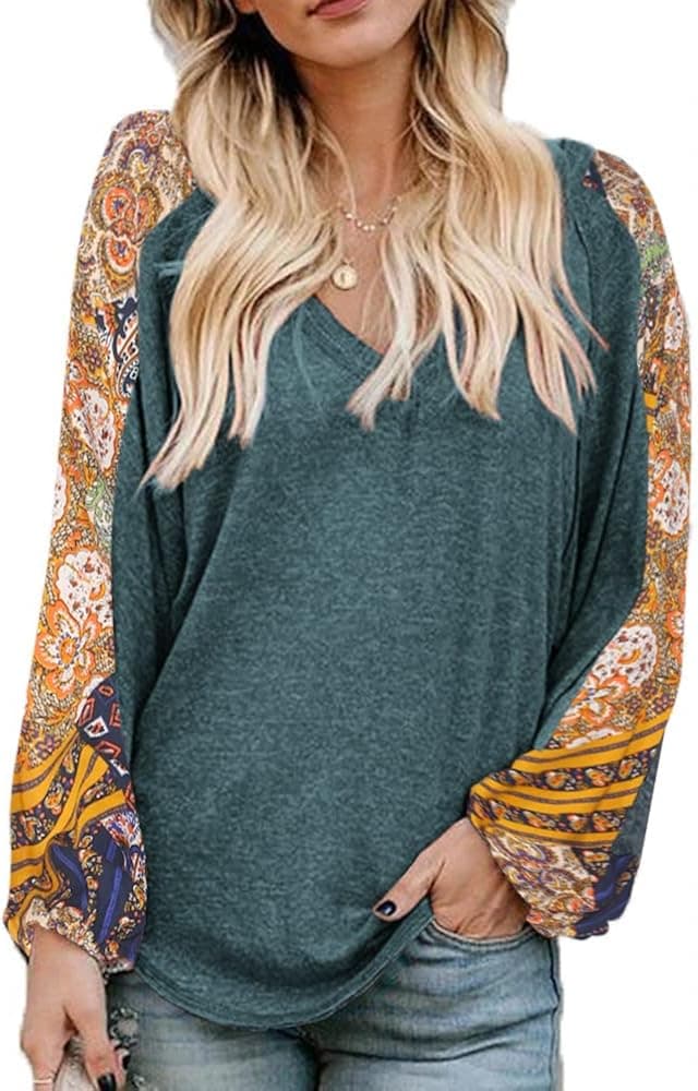 Beyove Boho Tops for Women Bohemian Casual Shirt Balloon Sleeve V Neck Hippie Western Dressy Blouses
