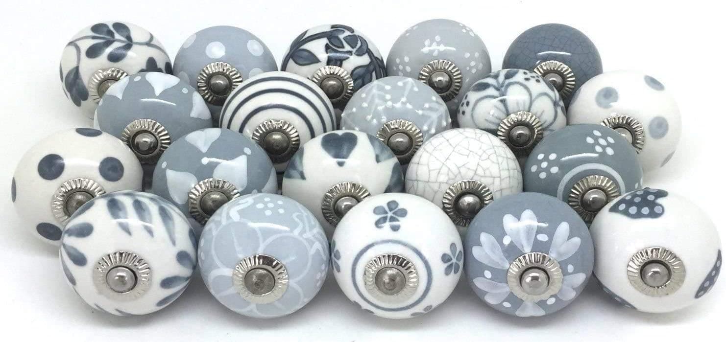 HOPOFLY Ceramic Knobs Multi Color Multi Design Ceramic Door Knobs Kitchen Cabinet Drawer Pulls Hardware Knobs Cabinet Knobs Drawer Knobs (12, Grey & White)