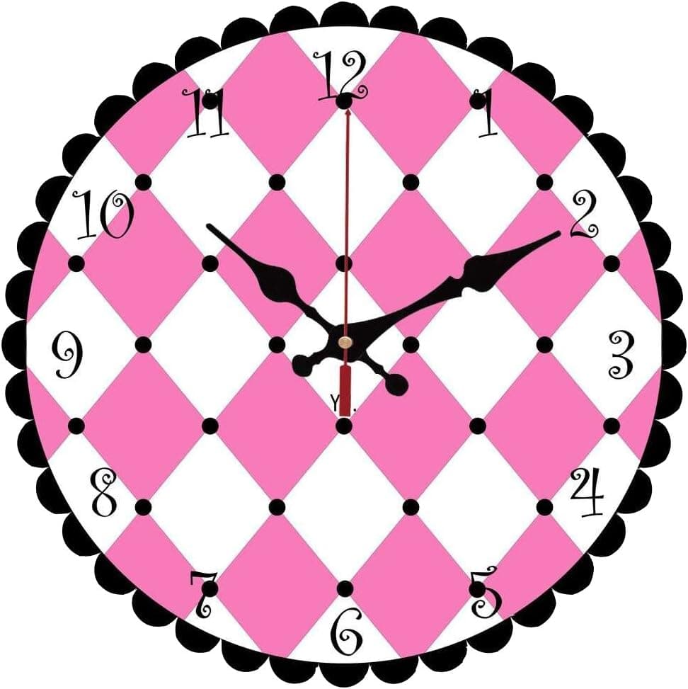 Yung Jo 12" Fashion Arabic Numbers ,Pink and White Diamond Blocks Pattern Design, Non-Ticking Silent Home Decoration Wooden Round Wall Clock (Pink Blocks)