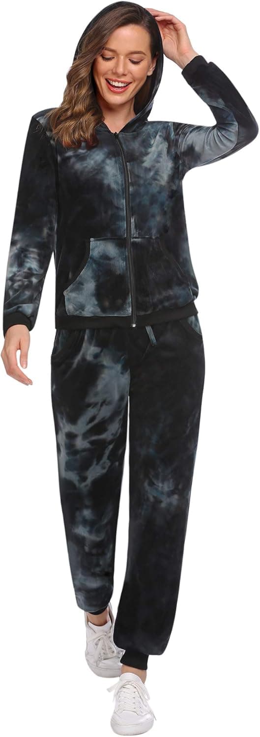 Hotouch Womens Casual Velour Tracksuit Set Full Zip Hoodie Long Workout Pants Tracksuit Jogging Suits XS-XXL