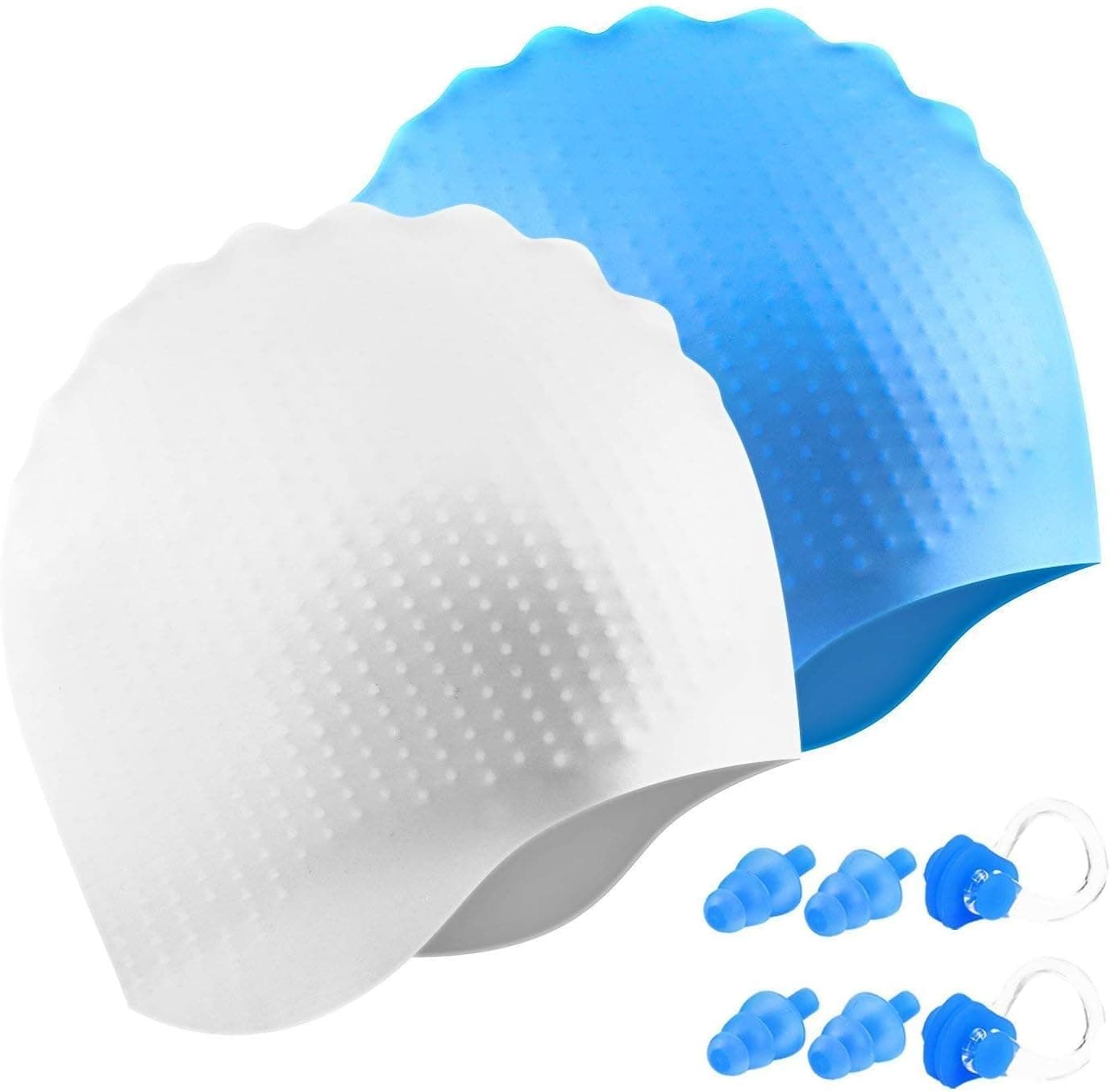 Swim Cap for Men Women, 2 Pack Silicone Solid Unisex Swimming Cap for Short Hair & Long Hair, Comfortable Swimming Hat for Adult Men Women Youth Junior Kids with Nose Clips & Ear Plugs