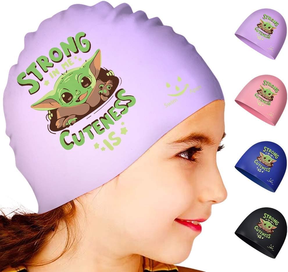 Swim Apex Swim Cap for (Age 2-13) Kids, Durable Silicone Swimming Cap for Kids Youths, Comfortable Fit for Long Hair and Short Hair with Baby Yoda Print (Purple)