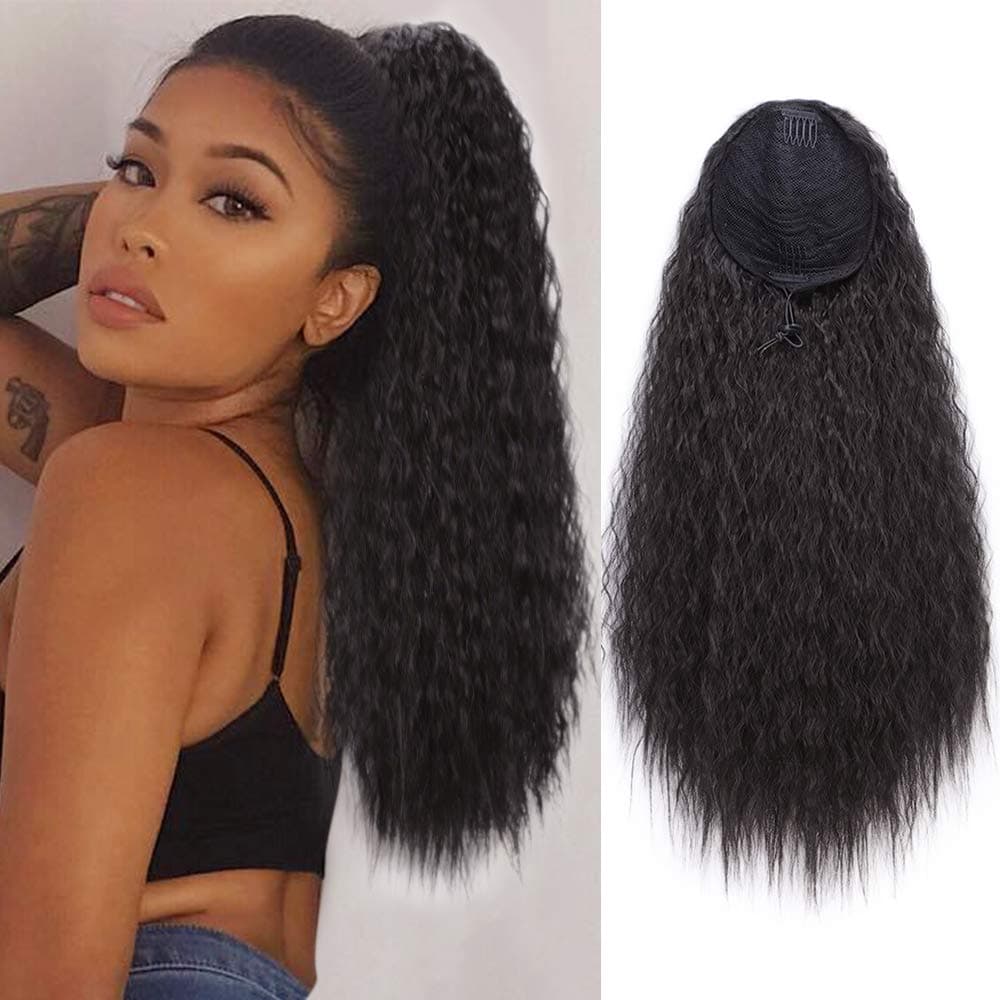 AISI QUEENS Long Wavy Drawstring Ponytail Synthetic Corn Wave Ponytail Extension Loose Deep Wave ponytail Hairpieces for Women (Color:2#)
