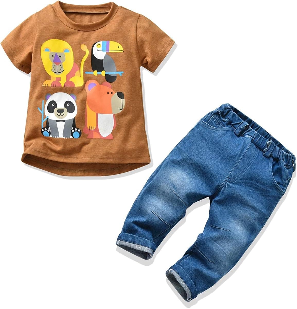 FERENYI Kids Boy Clothes Set Toddler Boy's Cartoon Casual Short Sleeve T-Shirt Tops Denim Jeans Outfits Suit (3-4 Years, Khaki)