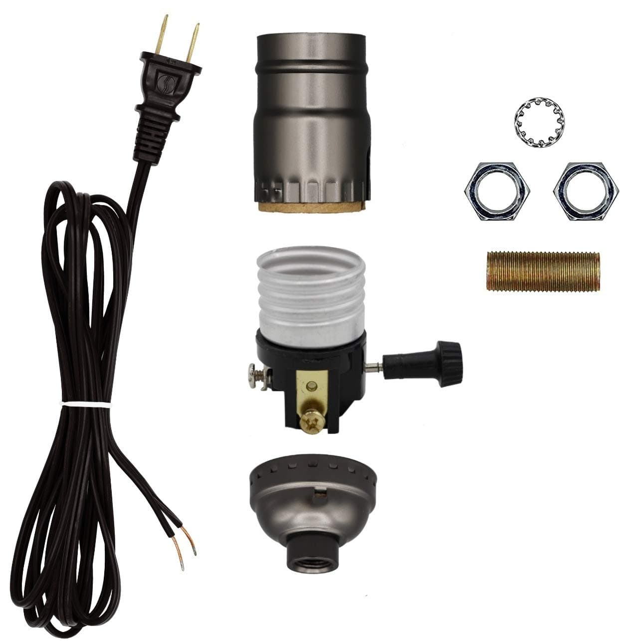 Creative Hobbies Make a Lamp | Repair or Rewiring Kit - 8 Foot Black Power Cord and Dark Grey Metallic 3 Way Socket with All Essential Hardware