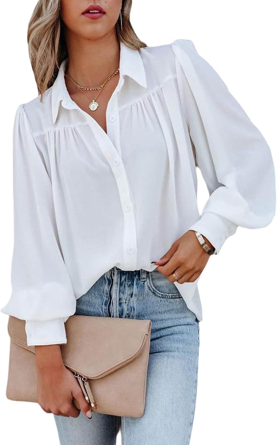 Astylish Womens Long Sleeve Button Down Shirt Casual Solid Color V Neck Blouse Tops