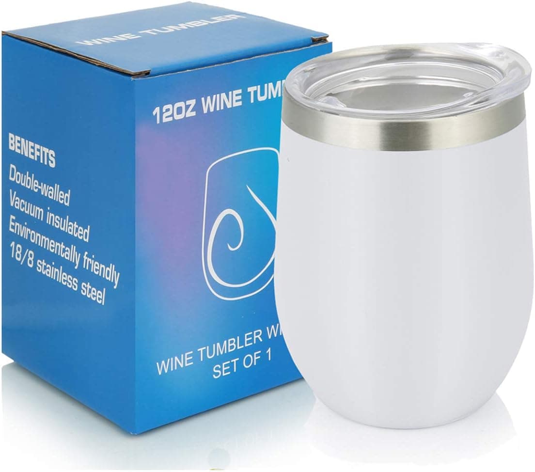 PURECUP Stainless Steel Insulated Wine Tumbler With Lid,12 oz,Double Wall Vacuum Insulated Cup,For Champaign,Cocktail,Beer,Coffee,Drinks ,BPA Free(White 1 pack)
