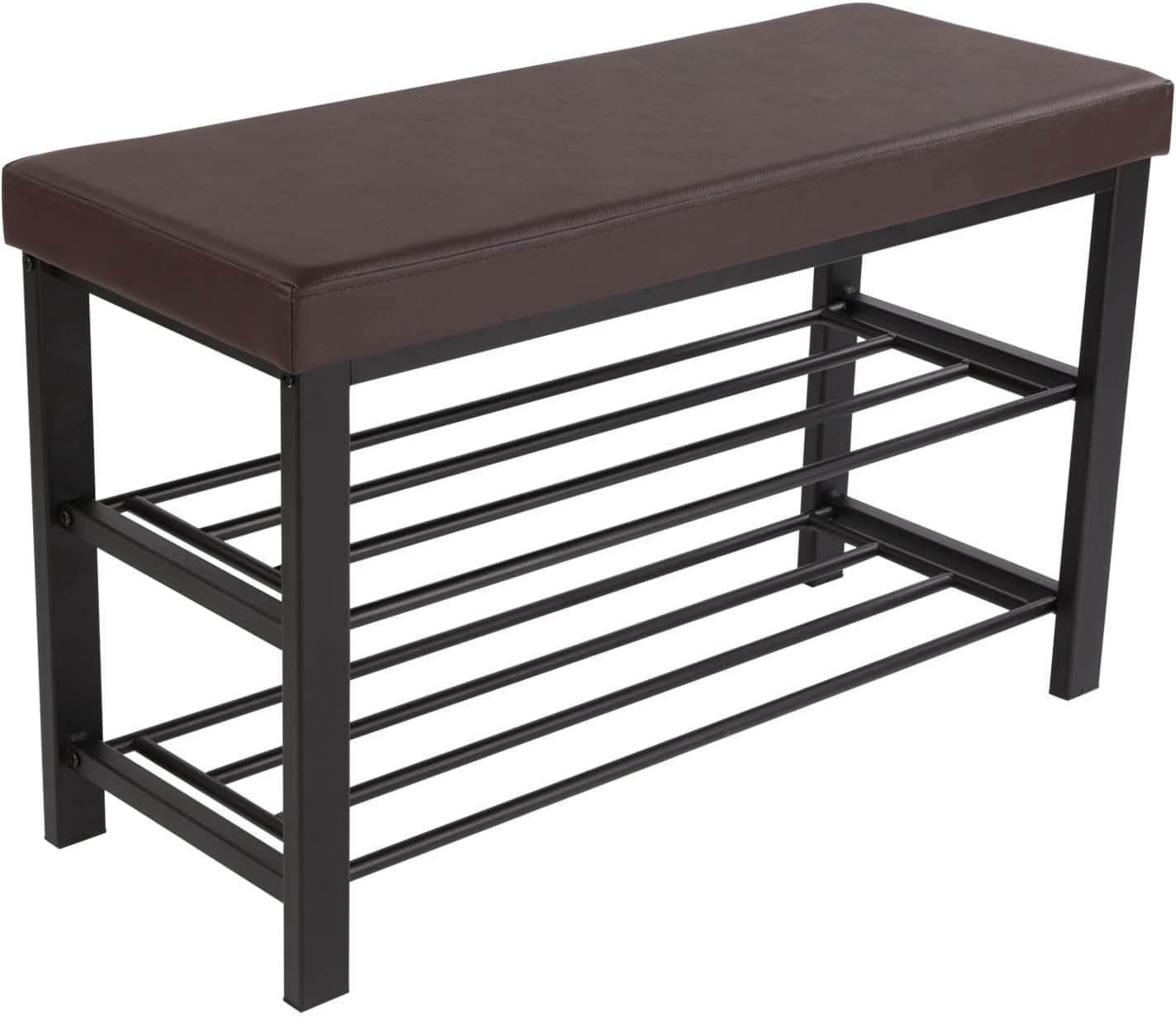 be current 3-Tier Shoe Rack Bench Cushion, Entryway Bench, Organizer, Organizer with Padded Cushion Seat for Hallway Living Room Bedroom Bathroom - Brown 31.9L*12.2W*19.3H inches