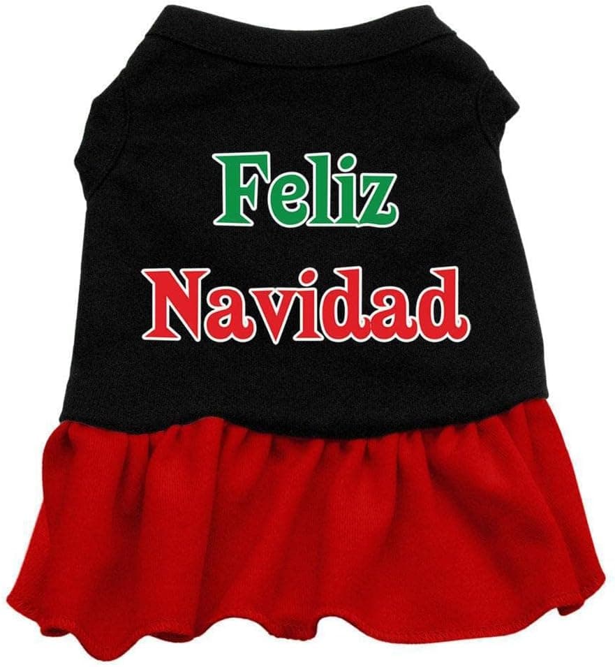Mirage Pet Products 8-Inch Feliz Navidad Screen Print Dress, X-Small, Black with Red