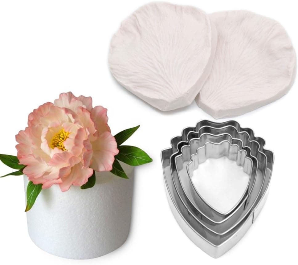 AK ART KITCHENWARE Peony Decoration Tool Gum Paste Veiner Stainless Steel Fondant Cutter Set Silicone Veining Mold Sugarpaste Making Tool A327&VM059