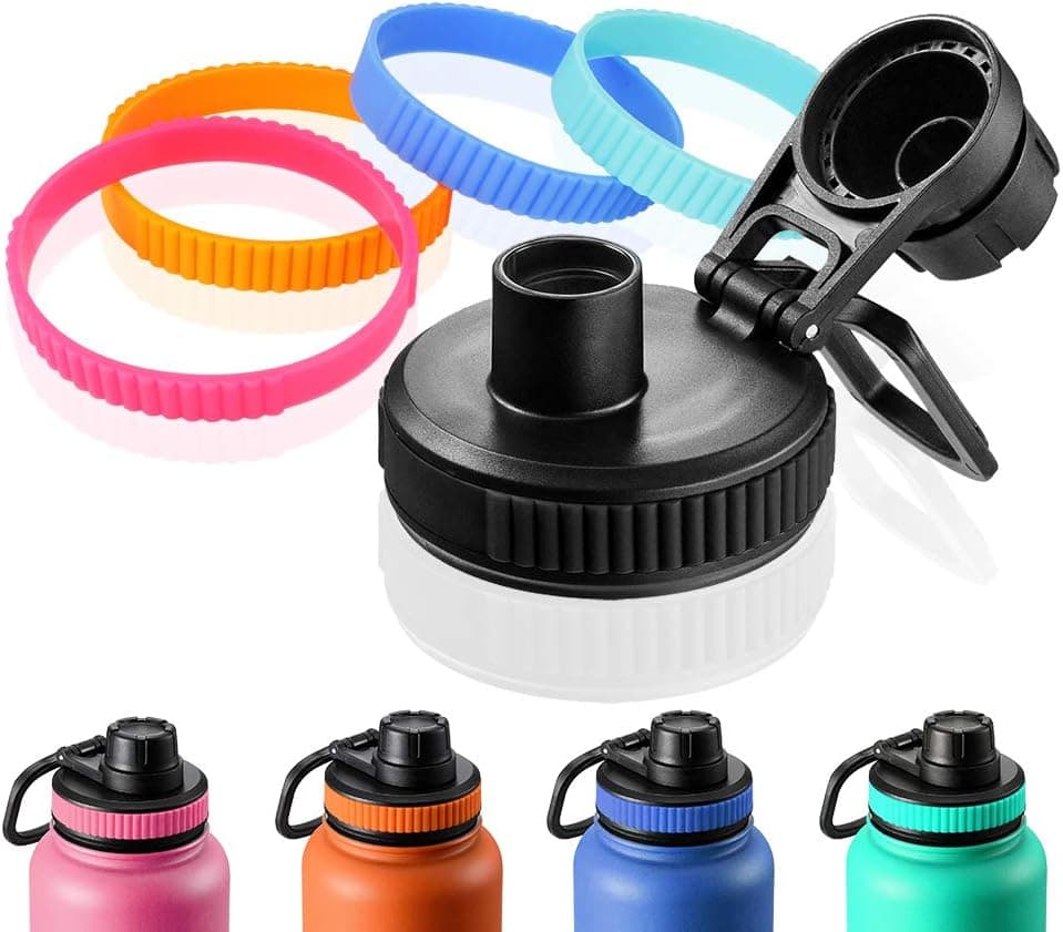 Picowe Spout Lid for Hydro Flask Wide Mouth Sport Water Bottle 12-64oz with Portable Handle, Inner Opening 2.3inch, with 4 Colorful Replaceable Silicone Ring