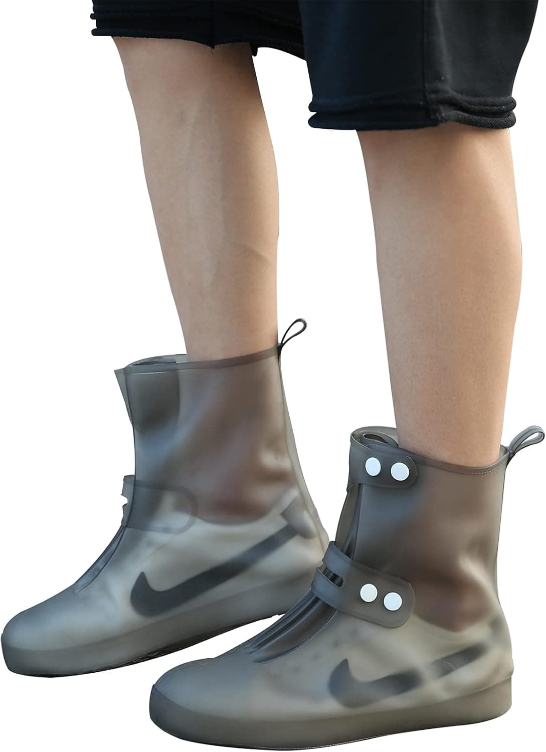McBiuti Waterproof Rain Shoe Covers, Reusable Foldable Overshoes, Resistant Rain Ankle high top Boots Non-Slip Washable Protection Gray & White